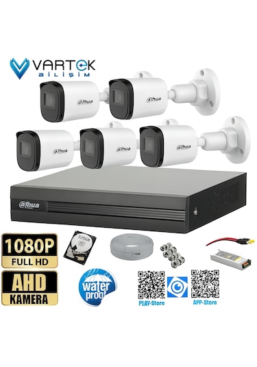 5 Kameralı Full Hd 1080p Ahd Kayıt Seti + 320gb Hard Disk İç Dış Mekan Uyumlu