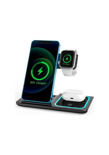 Reedark 3'lü Çok Fonksiyonlu Çift Yönlü Kablosuz Şarj Aleti - Telefon, Saat Ve Kulaklık İçin 15w Hızlı Şarj,  Uyumlu, Siyah, Taşınabilir