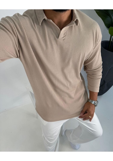 La-boum Polo Yaka Bürümcük Uzun Kol Sweatshirt Bej