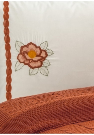 Triko Örme Battaniye Takımı-nakışlı Yatak Seti-tivoli Rosetta Kiremit