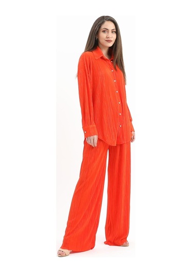 Düğme Detaylı Örme Pilise Takım - Turuncu-turuncu Turuncu