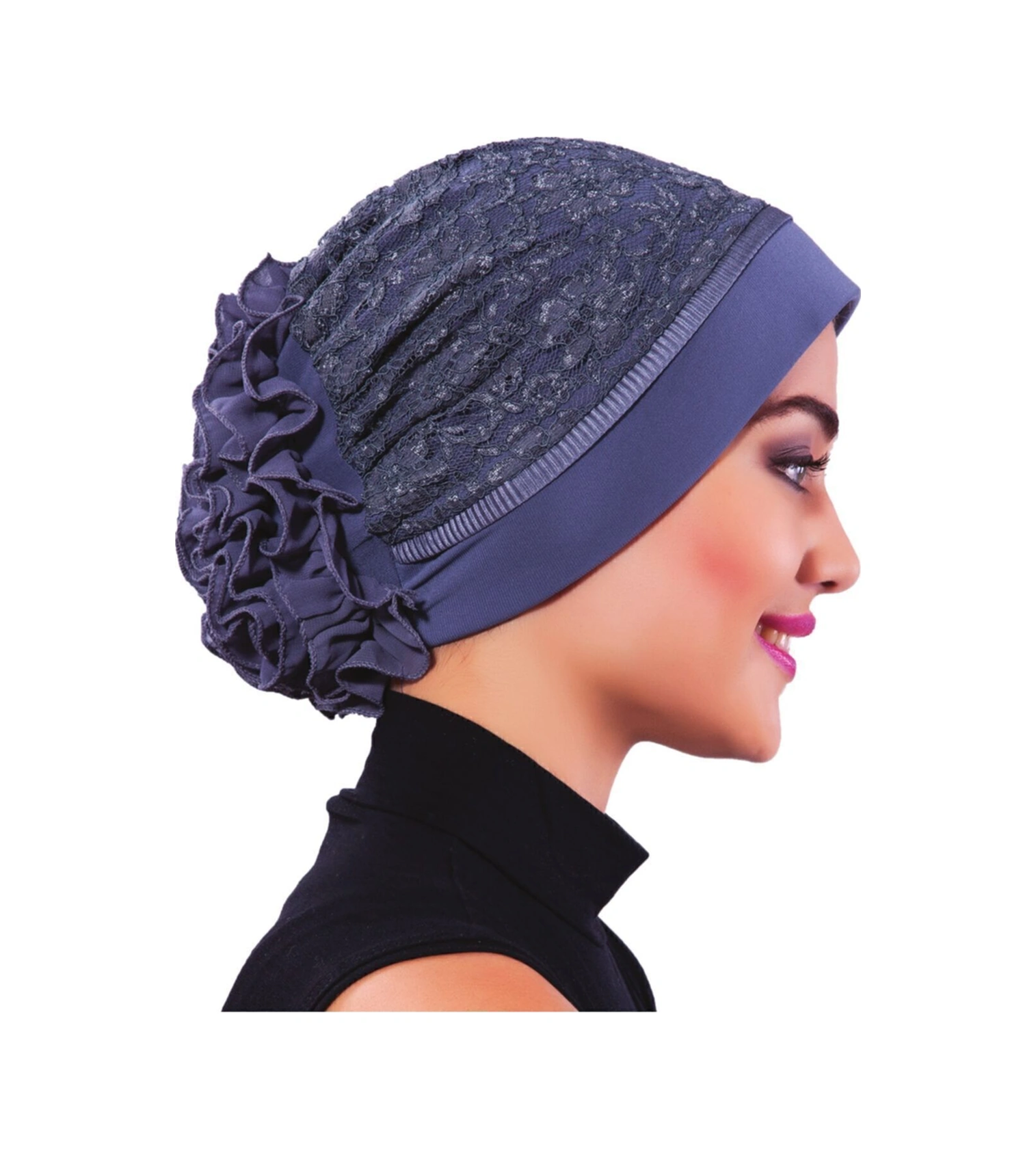 Kordoneli Arkası Fırfırlı Önü Plise Biyeli Koyu Gri Hazır Türban Tesettür Bone Koyu Gri