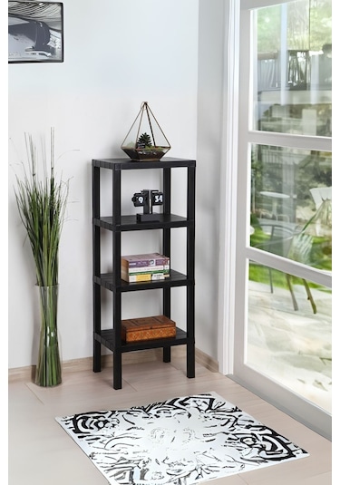 4 Raflı Dikey Raf Düzenleyici Plastik Raf Ünitesi Siyah, Kitaplık Siyah