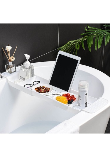 Hfambition Plastik Daraltılabilir Banyo Tepsisi - Su Akışlı Tasarım, Sağlam Konumlandırma, Çeşitli Ürünleri Tutabilir Beyaz