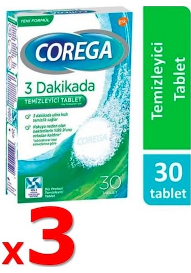 Corega 3 Dakikada Protez Temizleyici Tablet 30'lu x 3 Paket