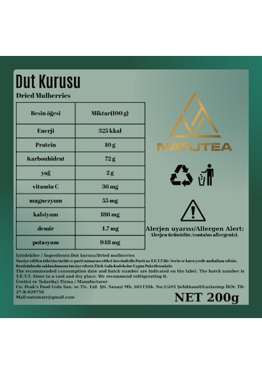 Natutea Dut Kurusu 200 G Kuru Meyve 200 G