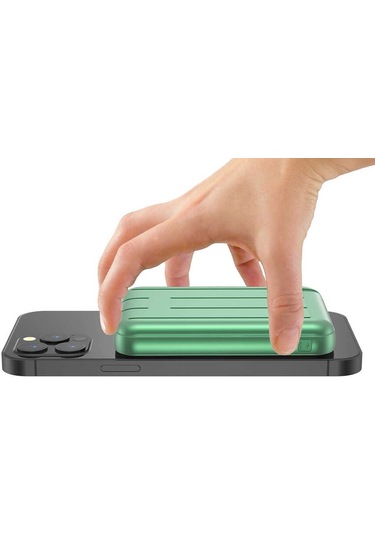 Led Göstergeli Kablosuz Magsafe Uyumlu 10000 Mah Powerbank Usb Ve Type-c Portlu, Wireless 5w Şarj Yeşil