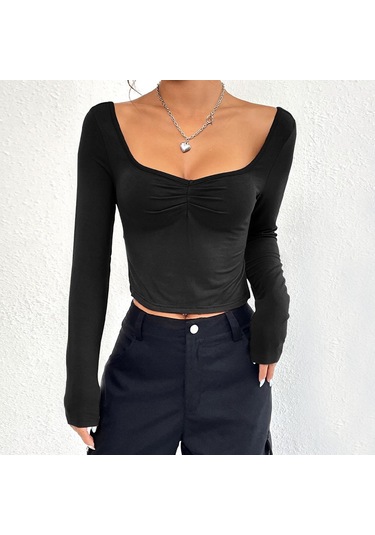 Hnxc Kadın Moda Günlük Yaz Düz Renk Baskı Uzun Kollu U Yaka Bluzlar Ve Gömlekler Siyah