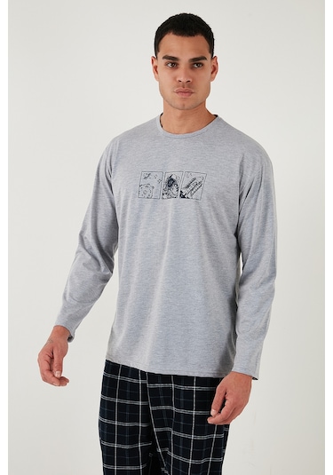 Buratti Ekoseli Pamuklu Regular Fit Yüksek Bel Bisiklet Yaka Erkek Pijama Takımı 6574000 Gri