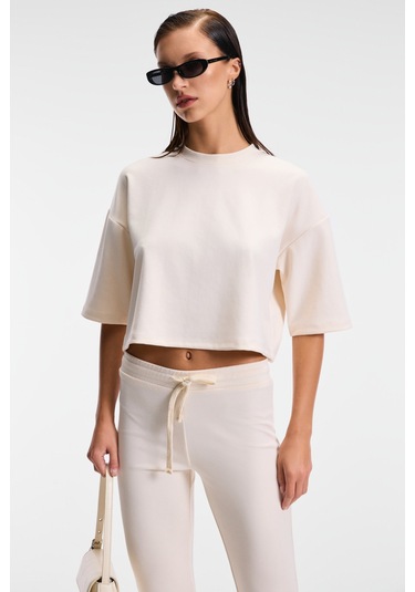 Grımelange Vela Kadın Esnek Kumaşlı Bisiklet Yaka Oversize Fit Bej T-shirt Bej