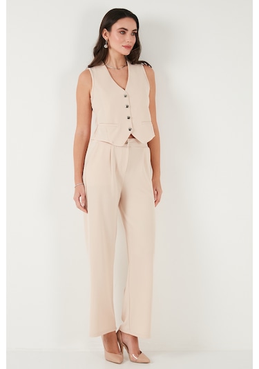 Lela Regular Fit Yüksek Bel Bol Paça V Yaka Yelekli Bayan Takım 5866199 Taş