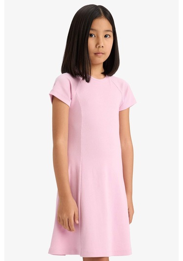 DeFacto Kız Çocuk Bisiklet Yaka A Kesim Basic Düz Fitilli Kaşkorse Kısa Kollu Yazlık Elbise E5801A825SMPR66