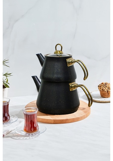 Yunusoğlu Home Siyah Granit Kaplama Cam Kapaklı Gold Kulplu Çaydanlık Siyah