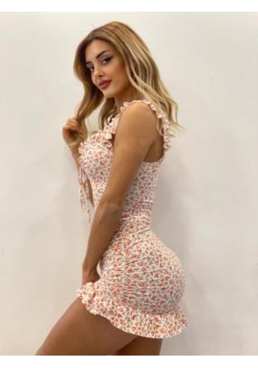 Çiçek Desenli Askılı Mini Elbise-beyaz-çiçek Desenli