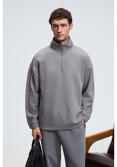 Grimelange EDISON Erkek Yarım Fermuarlı Kolu Baskılı Dik Yaka Koyu Gri Sweatshirt