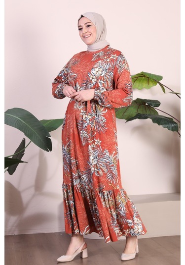 Kadin Büyük Beden Elbise Palmiye Desenli Viskon Elbise 001