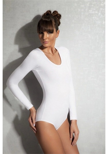 Doreanse 12401 Çıtçıtlı Uzun Kollu Geniş Yaka Body - Beyaz