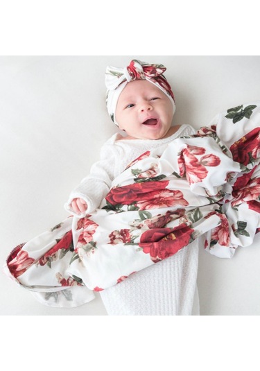 Yaozixa Yeni Doğan Bebe Swaddle Battaniye Ve Şapka Seti - 80x80cm, Polyester, Kuzey Avrupa Stili Beyaz Zemin Çiçek Desenli 190702 Beyaz