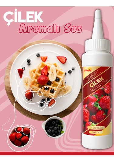 Güllüoğlu Çilek Aromalı Sos - Waffle & Krep & Pankek & Tatlı & Dondurma & Kruvasan Sos - 300 Gr / 225 Ml