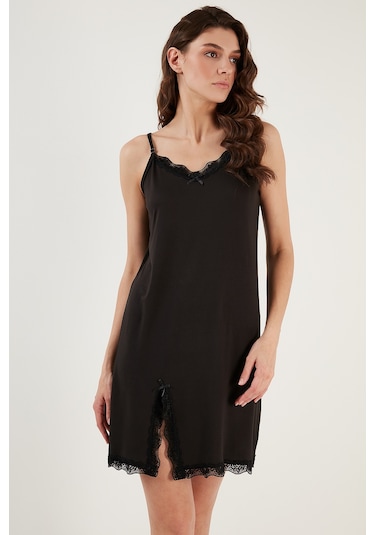 Lela Dantel Detaylı Yırtmaçlı Sabahlıklı Bayan Gecelik 6097580 Siyah