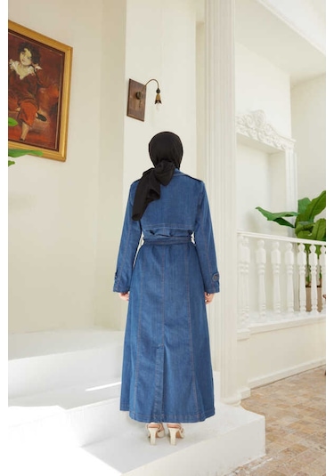 Neways 6458-Battal Allerli Denim Trençkot Koyu Mavi Mavi