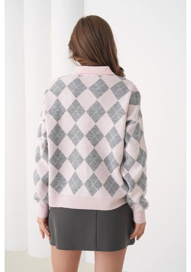 Kadın Polo Yaka Yarım Pat Düğme Detay Desenli Oversize Triko Kazak Açık Pembe