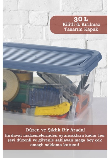 2'li 30l Multibox Saklama Kabı Kilitli Kapaklı Çok Amaçlı Düzenleyici Kiler Depolama Saklama Kutusu Mavi