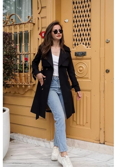 Pastelastore %100 Pamuk Gabardin Midi 95cm Astarlı Kemerli Kadın Trençkot 1113 Siyah