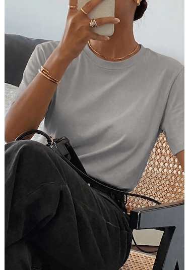 Genıus Store Kadın Tişört Gri Bisiklet Yaka Basic Tişört %100 Pamuk Rahat Kalıp T-shirt Basıc-kadın