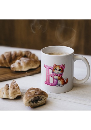 B Harfli Bardak, Sevimli Kedili Pembe Tasarım Bardak, Arkadaşa Aileye Hediye Porselen Beyaz
