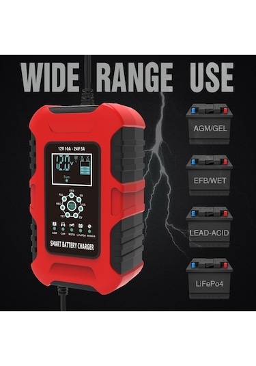 Foxsur 10a 12v 7-segment Motosiklet/araba Akıllı Akü Şarj Cihazı Kırmızı