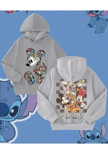 Kışlık Kapüşonlu Mickey & Minnie Mouse Sweatshirt Gri
