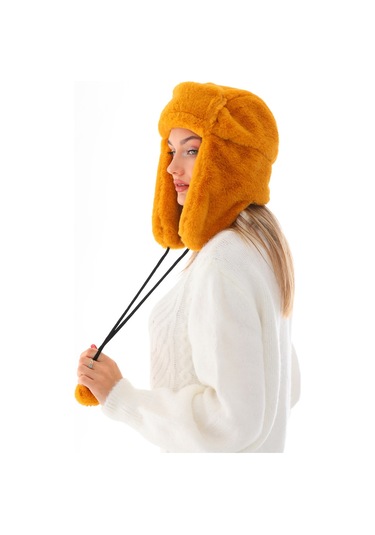 Kadın Hardal Kürklü Kulaklıklı Peluş Şapka Hardal