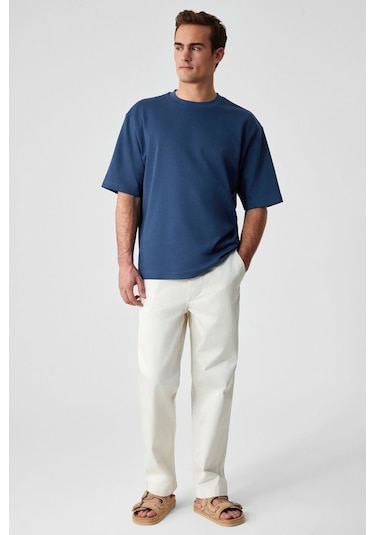 GRIMELANGE Solo Erkek %100 Organik Pamuklu Kalın Dokulu Comfort Fit Bisiklet Yakalı Navy T-shirt NAVY