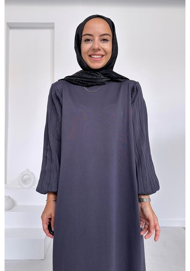 Balon Kol Merserize Elbise - Füme