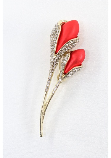 Lale Tomurcuğu Broş. Taşlı Tasarım Lale Broş. Yaka İğnesi Lale Broş. Kadın Broş. Broş. Lale Broş. Altın - Kırmızı
