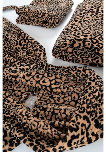 Soley Panthera %100 Pamuk Kadın / Erkek Bornoz Unisex Leopar Baskılı - Kahve Biyeli