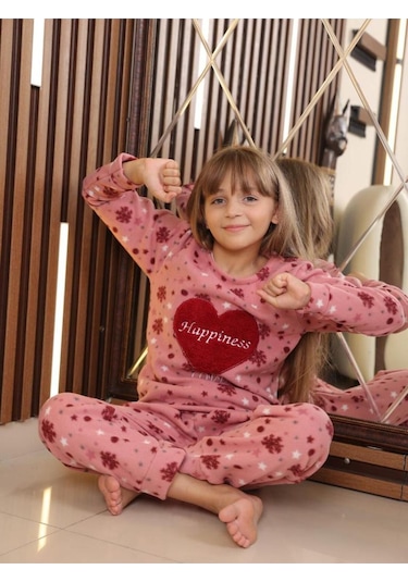 Fames Pijama Happiness Çocuk Polar Kışlık Pijama Takımı. 5-6-7-8-9-10 Yaş Pembe