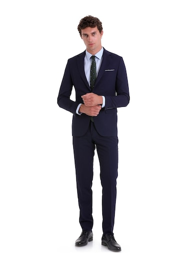 Hatemoğlu Lacivert D. Slim Fit Desenli Mono Yaka Klasik Takım Elbise Lacivert