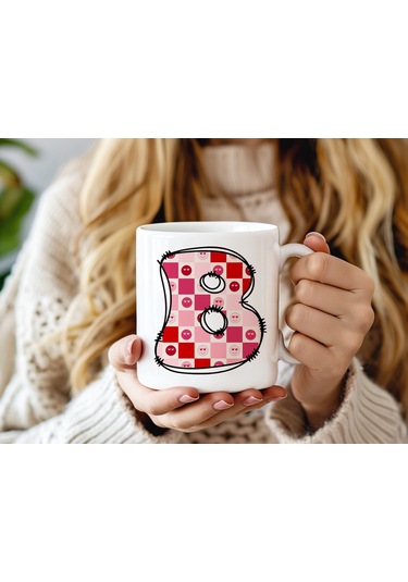 B Harfi Pembe Kareli Kalpli Göz Emojili Kupa Bardak Eğlenceli Kareli Tasarım Kahve Çay Kupası 07 Beyaz