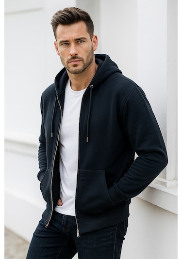 Rich Erkek Lacivert Kapüşonlu Kanguru Cepli Fermuarlı Sweatshirt Lacivert