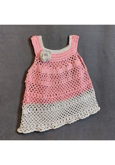 Uretti - Talia 8659 1429 El Örgüsü Koton İp Kız Çocuk Elbise - 1 Yaş / Pembe - Beyaz Pembe - Beyaz