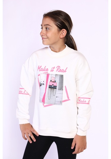 Toontoy Kız Çocuk Baskılı Taş İşlemeli Balıkçı Yaka Sweatshirt Ekru