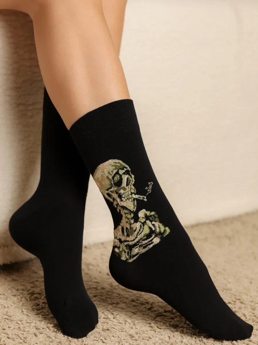 Morrah Sigara İçen İskelet Baskılı Siyah Uzun Çoraplar 1 Çift 319239983 Siyah