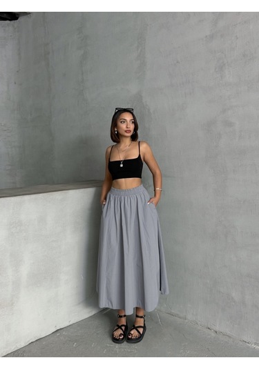 Kadın Beli Lastikli Dokuma Kloş Etek Gri