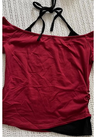 Bordo Skeleton Madonna Yaka Ek Askılı Gotik Y2k Kısa Kollu Full Body Crop-18350 Bordo