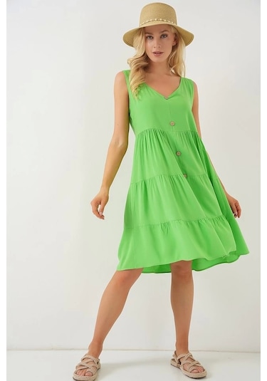 Sıfır Kol Düğmeli Kısa Elbise 2571 - Yeşil Yeşi L