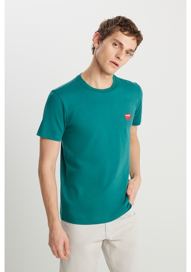 %100 Pamuk Regular Fit Normal Kesim Bisiklet Yaka Minimal Logo Yeşil Tişört Bayberry Green