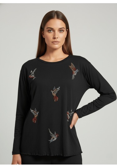 Taş Desenli Uzun Kollu Bambu Viskon Kumaş Bluz Siyah 3