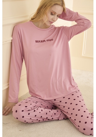 Mihra Kadın Pijama Takımı Uzun Kol Mevsimlik Pudra